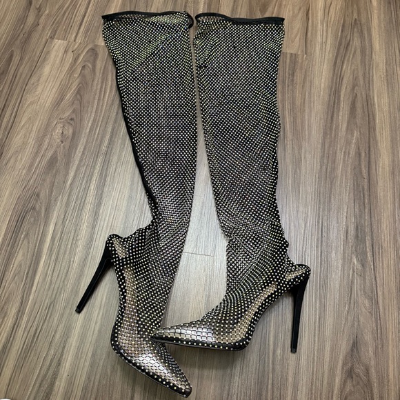 Ladies sz 44 Stiletto High Heel Over The Knee Black Fishnet Mesh Gem Rhinestone - Picture 2 of 12